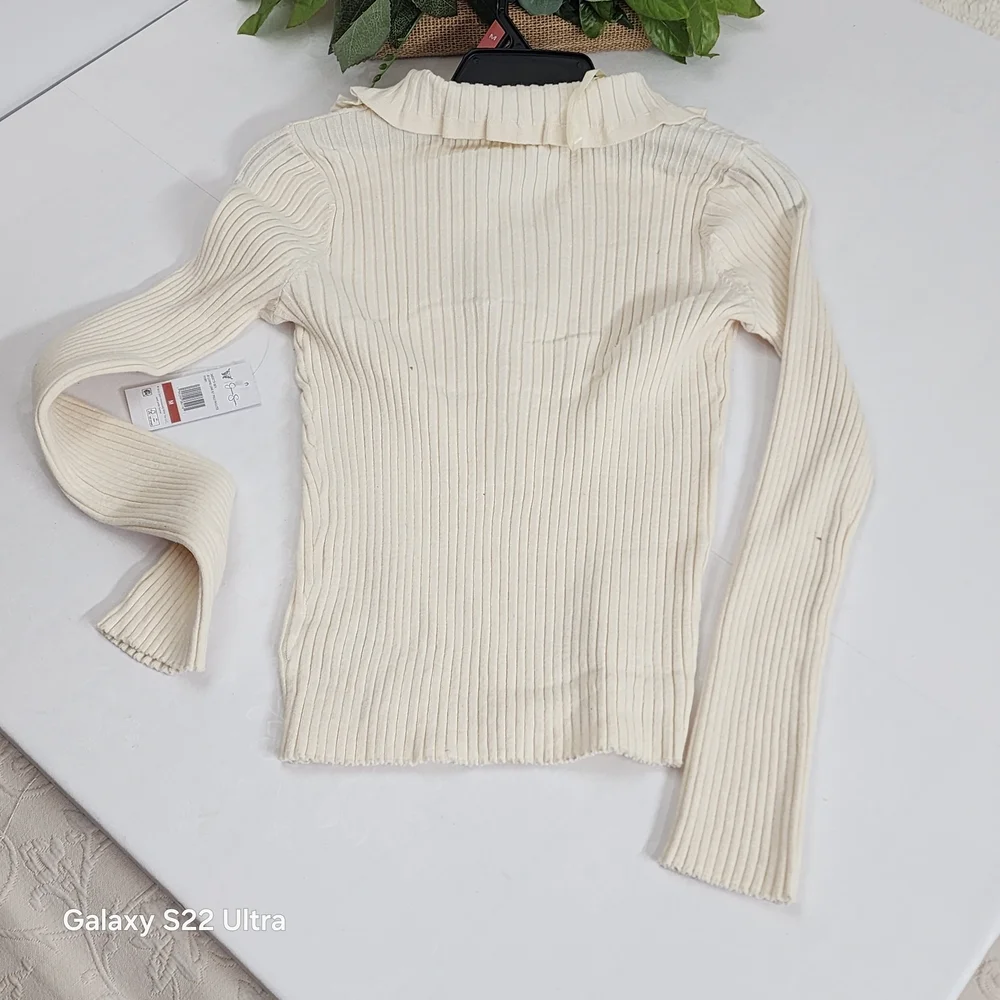 Cream Ribbed Button-Front Long Sleeve Top - Picture 6 of 7